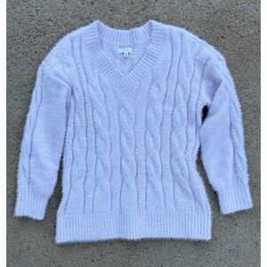 Lucky‎ Brand Lavender V Neck Cable Knit Sweater Medium Fuzzy Soft Cozy Pullover